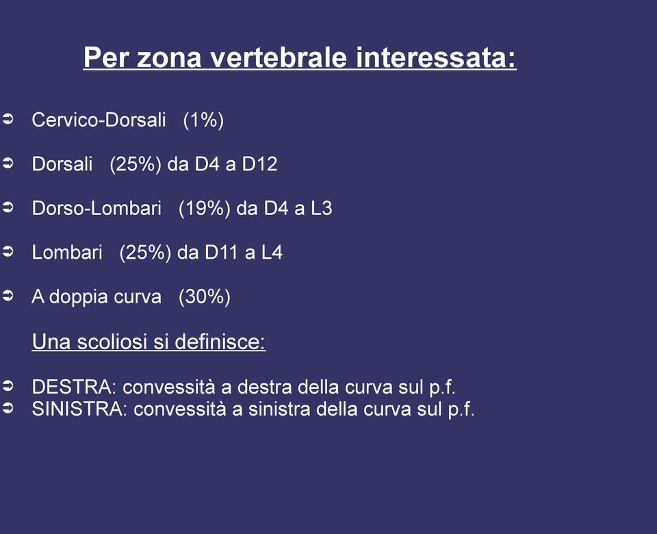 doppia curva (30%) Una scoliosi si definisce: DESTRA: convessità a