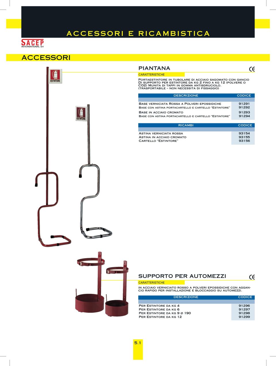 (trasportabile non necessita di fissaggio) Base verniciata Rossa a Polveri epossidiche 91291 Base con astina portacartello e cartello Estintore 91292 Base in acciaio cromato 91293 Base con astina