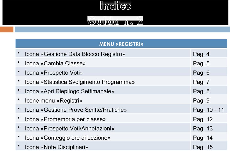 6 Icona «Apri Riepilogo Settimanale» Icone menu «Registri» Pag.