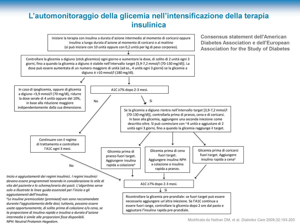 Consensus statement dell'american Diabetes Association e dell'european Association for the Study of Diabetes Controllare la glicemia a digiuno (stick glicemico) ogni giorno e aumentare la dose, di