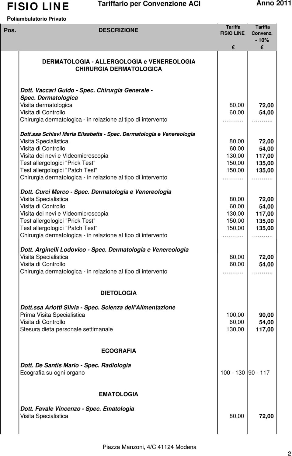 Dermatologia e Venereologia Visita dei nevi e Videomicroscopia 130,00 117,00 Test allergologici "Prick Test" 150,00 135,00 Test allergologici "Patch Test" 150,00 135,00 Dott. Curci Marco - Spec.