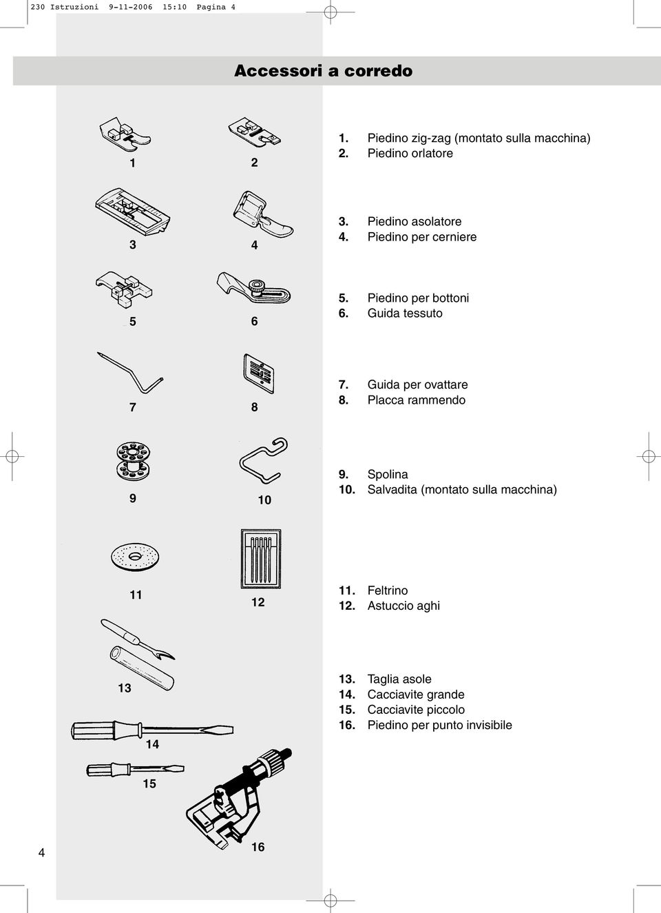 Guida tessuto 7 8 7. Guida per ovattare 8. Placca rammendo 9 0 9. Spolina 0.