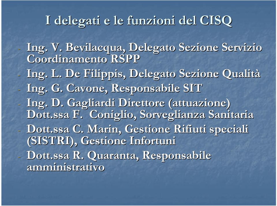 De Filippis,, Delegato Sezione Qualità - Ing. G. Cavone,, Responsabile SIT - Ing. D. Gagliardi Direttore (attuazione) Dott.