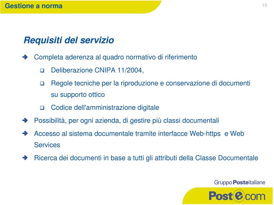 dell'amministrazione digitale Possibilità, per ogni azienda, di gestire più classi documentali Accesso al sistema