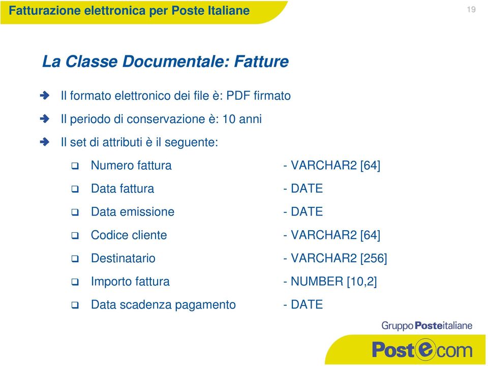 il seguente: Numero fattura - VARCHAR2 [64] Data fattura - DATE Data emissione - DATE Codice