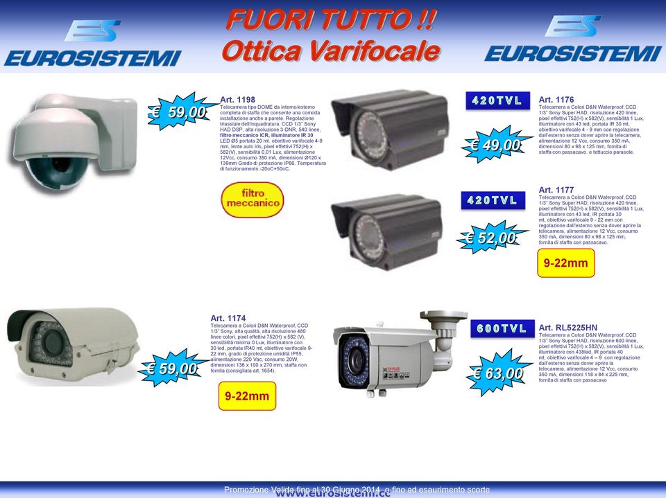 obiettivo varifocale 4-9 mm, lente auto iris, pixel effettivi 752(H) x 582(V), sensibilità 0,01 Lux, alimentazione 12Vcc, consumo 350 ma, dimensioni Ø120 x 139mm Grado di protezione IP66.