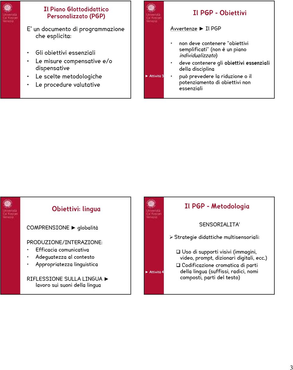 prevedere la riduzione o il potenziamento di obiettivi non essenziali Obiettivi: lingua Il PGP - Metodologia COMPRENSIONE globalità PRODUZIONE/INTERAZIONE: Efficacia comunicativa Adeguatezza al