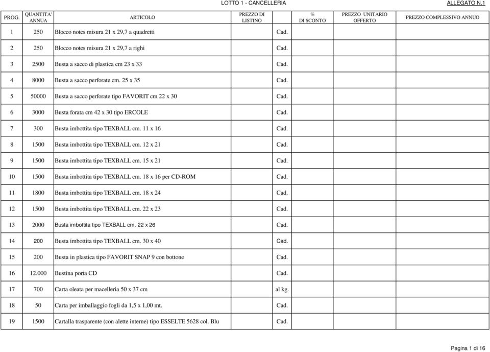 12 x 21 Cad. 9 1500 Busta imbottita tipo TEXBALL cm. 15 x 21 Cad. 10 1500 Busta imbottita tipo TEXBALL cm. 18 x 16 per CD-ROM Cad. 11 1800 Busta imbottita tipo TEXBALL cm. 18 x 24 Cad.