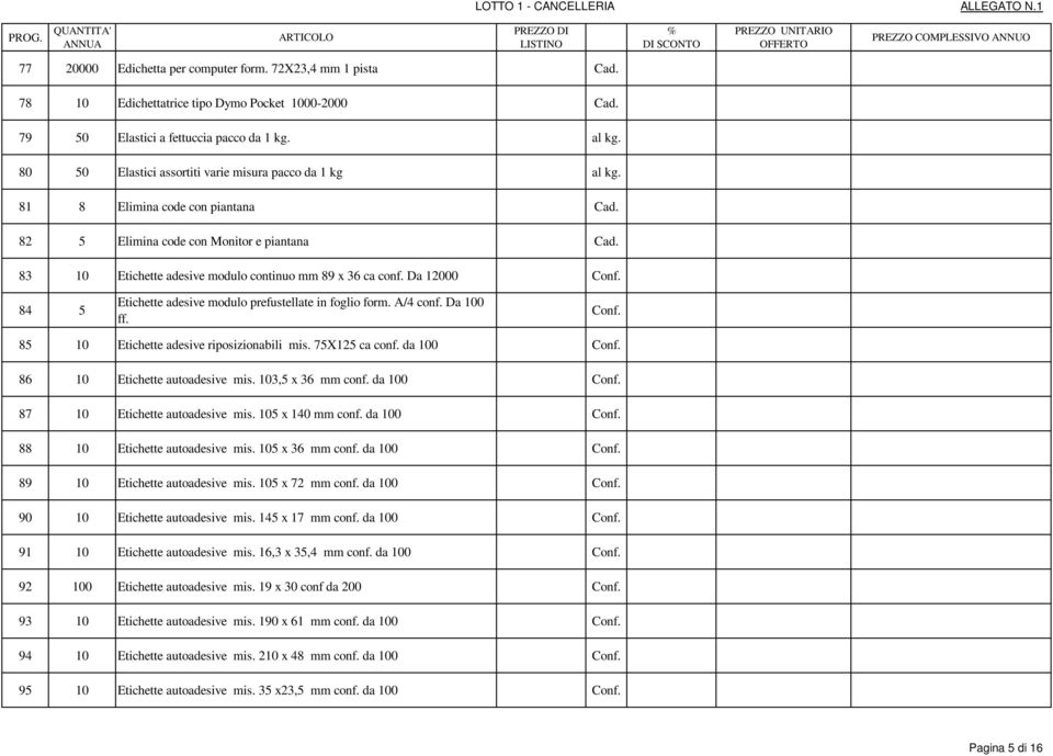 Da 12000 Conf. 84 5 Etichette adesive modulo prefustellate in foglio form. A/4 conf. Da 100 ff. Conf. 85 10 Etichette adesive riposizionabili mis. 75X125 ca conf. da 100 Conf.