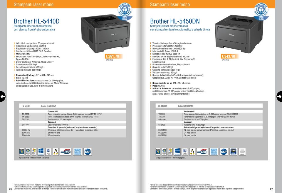 0 & Parallela I Memoria 64 MB I Emulazioni: PCL6, BR-Script3, IBM Proprinter XL, Epson FX-850 I Driver stampante Windows, Mac e Linux I Cassetto carta 250 fogli I Cassetto opzionale da 500 fogli I