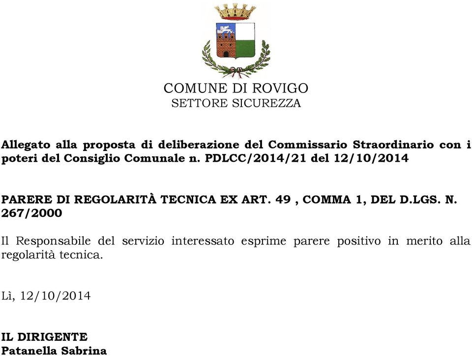 PDLCC/2014/21 del 12/10/2014 PARERE DI REGOLARITÀ TECNICA EX ART. 49, COMMA 1, DEL D.LGS. N.