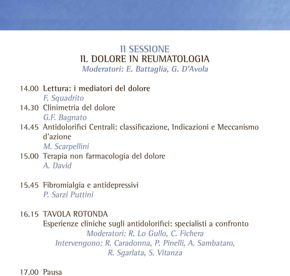 00 Terapia non farmacologia del dolore A. David 15.45 Fibromialgia e antidepressivi P. Sarzi Puttini 16.