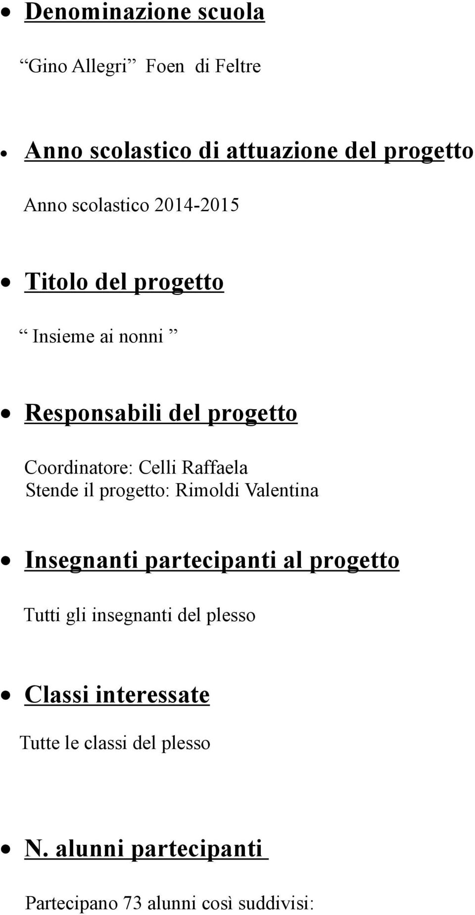 Raffaela Stende il progetto: Rimoldi Valentina Insegnanti partecipanti al progetto Tutti gli insegnanti