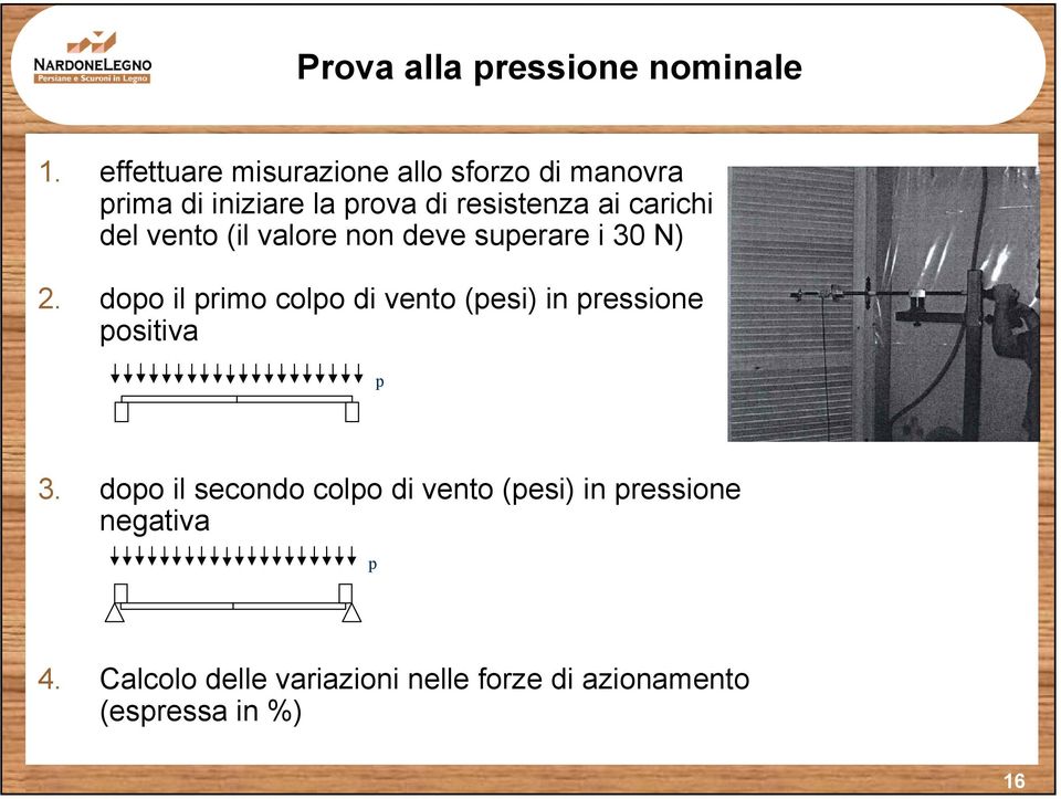 carichi del vento (il valore non deve superare i 30 N) 2.