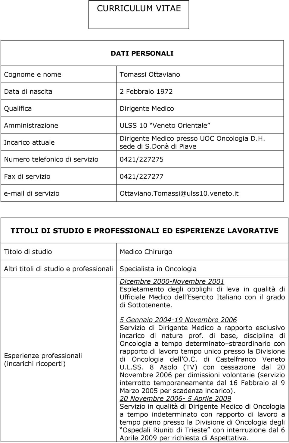 it TITOLI DI STUDIO E PROFESSIONALI ED ESPERIENZE LAVORATIVE Titolo di studio Medico Chirurgo Altri titoli di studio e professionali Specialista in Oncologia Dicembre 2000-Novembre 2001 Espletamento