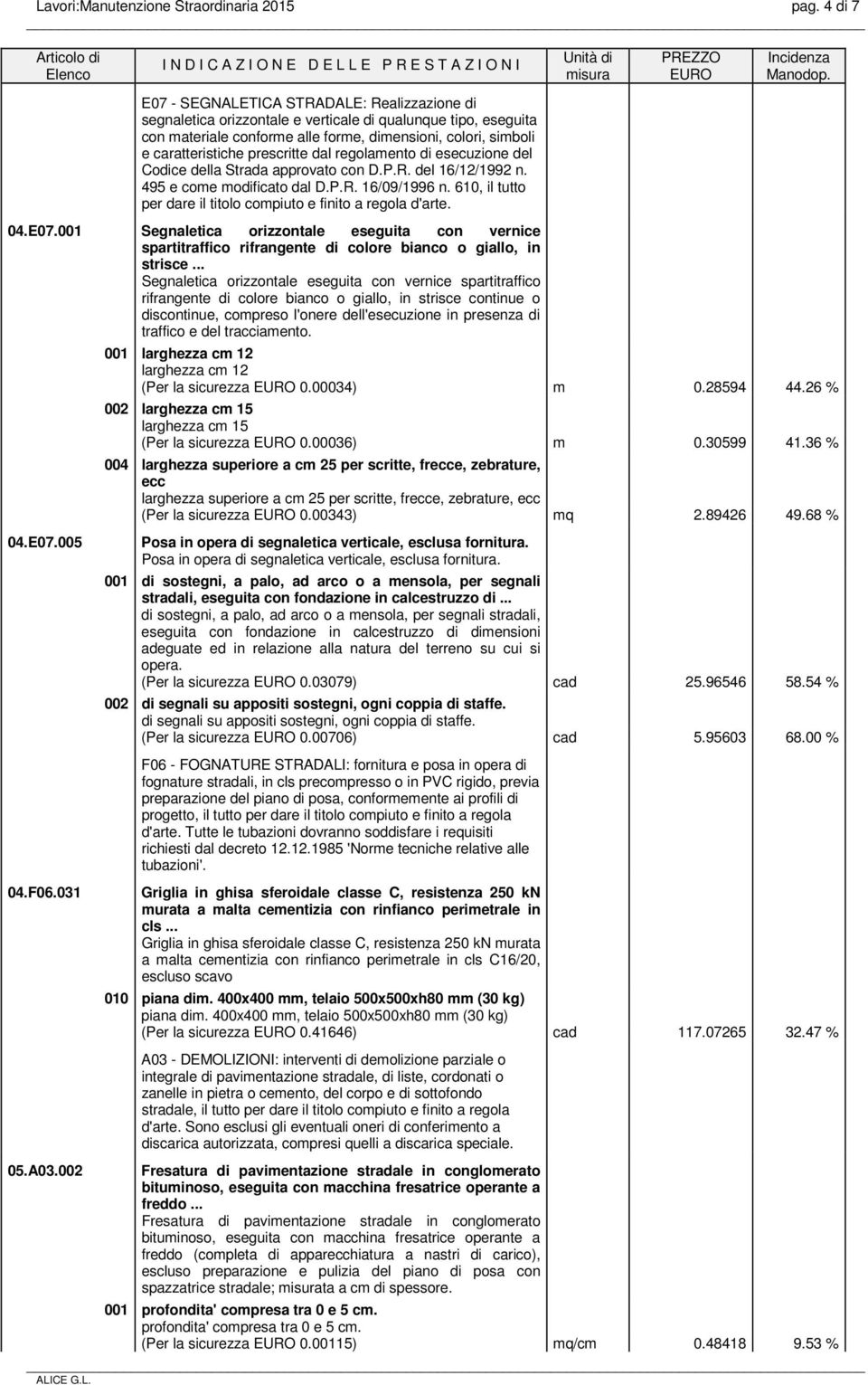 prescritte dal regolamento di esecuzione del Codice della Strada approvato con D.P.R. del 16/12/1992 n. 495 e come modificato dal D.P.R. 16/09/1996 n.