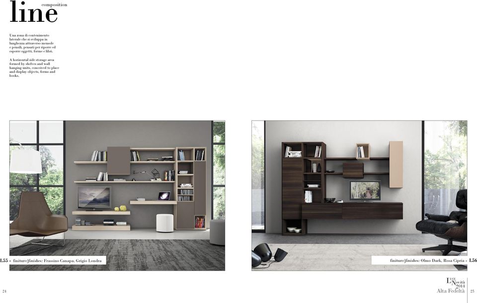 A horizontal side storage area formed by shelves and wall hanging units, conceived to place and display