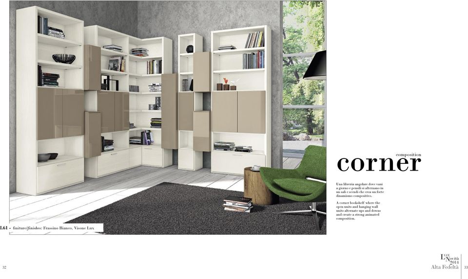 A corner bookshelf where the open units and hanging wall units alternate ups and downs