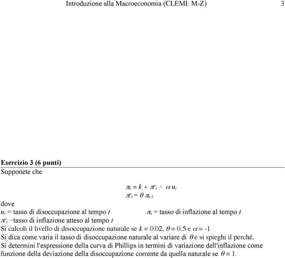 5 e α = -1 Si dica come varia il tasso di disoccupazione naturale al variare di θ e si spieghi il perché.