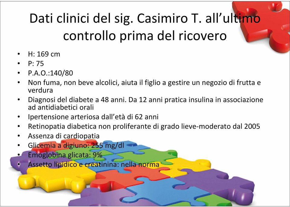 Da 12 anni pratica insulina in associazione ad antidiabetici orali Ipertensione arteriosa dall età di 62 anni Retinopatia