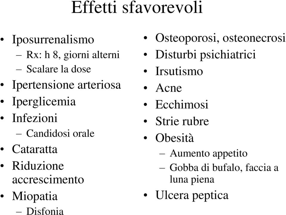 accrescimento Miopatia Disfonia Osteoporosi, osteonecrosi Disturbi psichiatrici