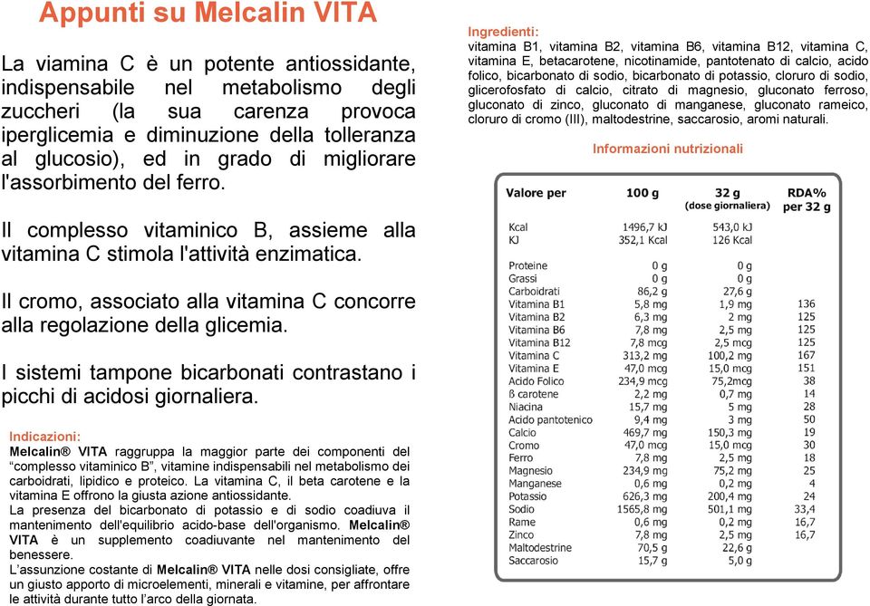 Ingredienti: vitamina B1, vitamina B2, vitamina B6, vitamina B12, vitamina C, vitamina E, betacarotene, nicotinamide, pantotenato di calcio, acido folico, bicarbonato di sodio, bicarbonato di