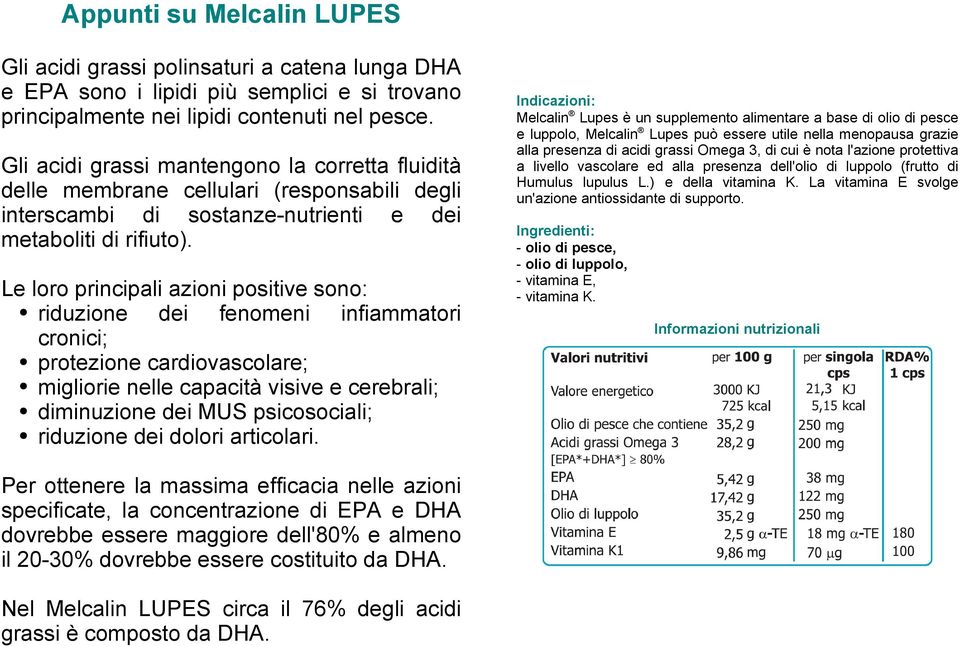 Le loro principali azioni positive sono: riduzione dei fenomeni infiammatori cronici; protezione cardiovascolare; migliorie nelle capacità visive e cerebrali; diminuzione dei MUS psicosociali;