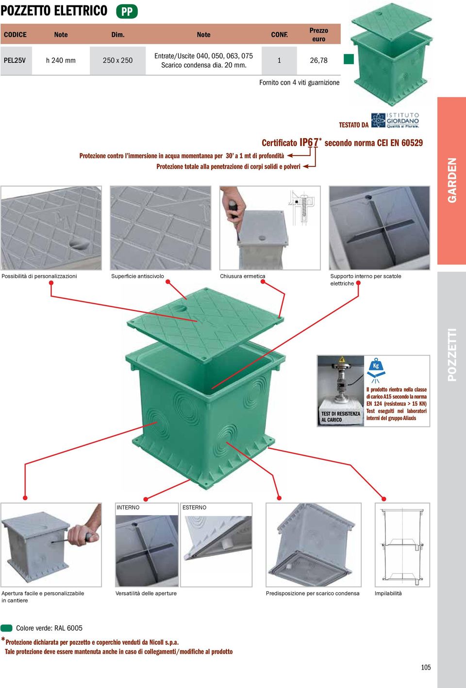 norm CEI EN 60529 Possiilità di personlizzzioni Superfiie ntisivolo Ciusur ermeti Supporto interno per stole elettrie Kg POZZETTI TEST DI RESISTENZA AL CARICO Il prodotto rientr nell lsse di rio A15
