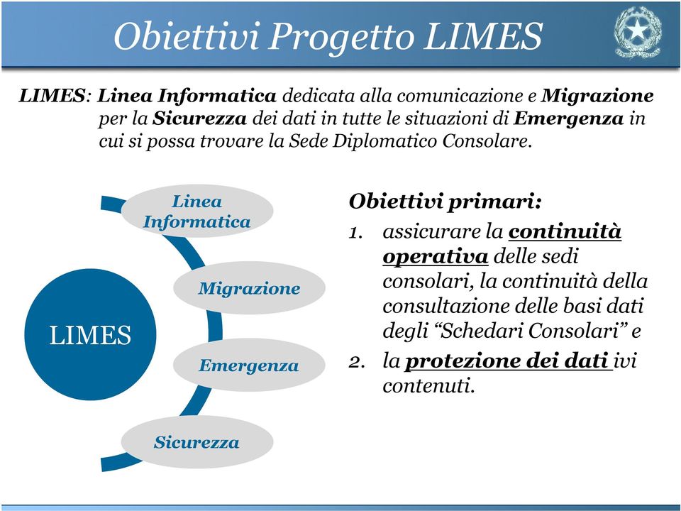 LIMES Linea Informatica Migrazione Emergenza Obiettivi primari: 1.