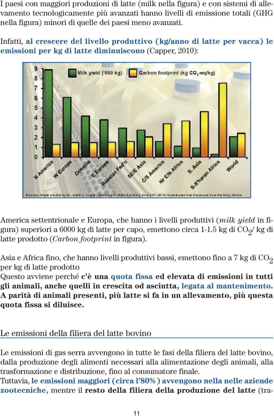Infatti, al crescere del livello produttivo (kg/anno di latte per vacca) le emissioni per kg di latte diminuiscono (Capper, 2010): America settentrionale e Europa, che hanno i livelli produttivi