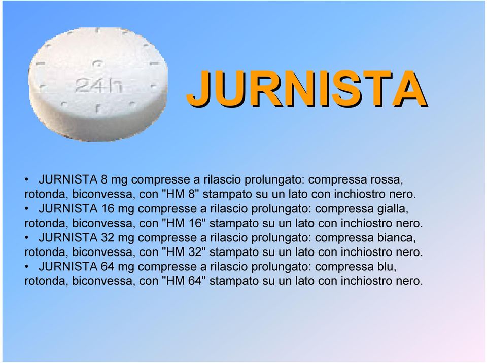 nero. JURNISTA 32 mg compresse a rilascio prolungato: compressa bianca, rotonda, biconvessa, con "HM 32" stampato su un lato con inchiostro