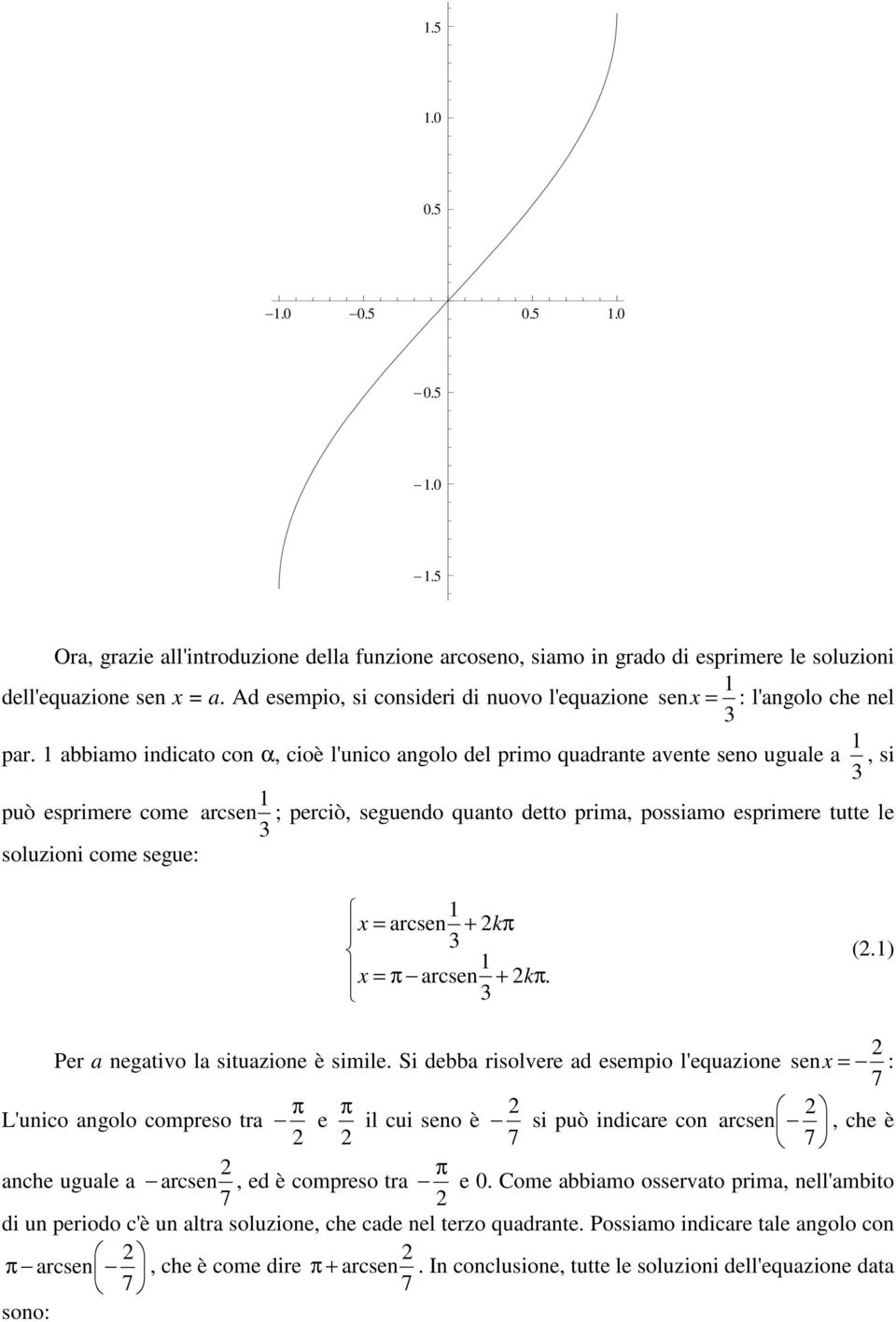 abbiamo indicato con α, cioè l'unico angolo del primo quadrante avente seno uguale a, si può esprimere come arcsen ; perciò, seguendo quanto detto prima, possiamo esprimere tutte le soluzioni come