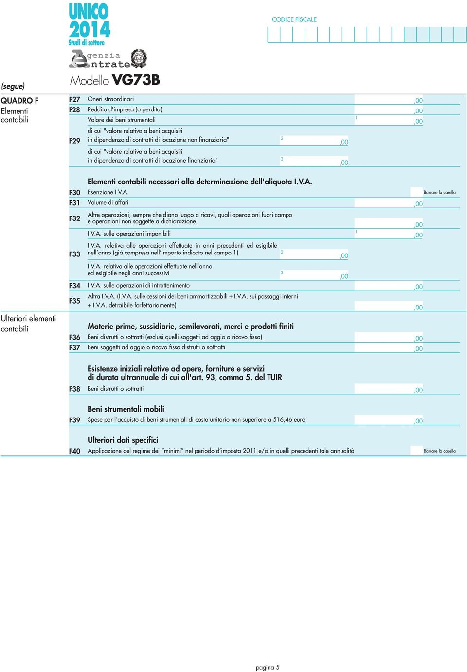 Esenzione I.V.A. Volume di affari F Altre operazioni, sempre che diano luogo a ricavi, quali operazioni fuori campo e operazioni non soggette a dichiarazione I.V.A. sulle operazioni imponibili F I.V.A. relativa alle operazioni effettuate in anni precedenti ed esigibile nell anno (già compresa nell importo indicato nel campo ) Ulteriori elementi F F5 F6 F7 I.