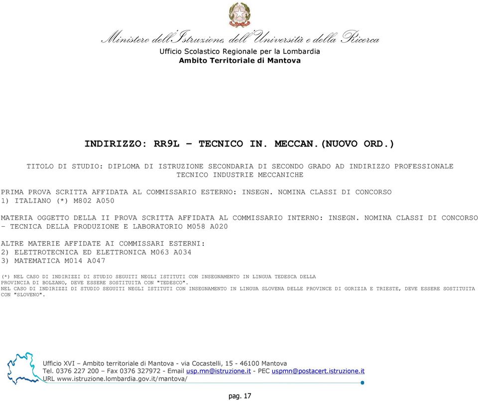 INDIRIZZO PROFESSIONALE TECNICO INDUSTRIE MECCANICHE 1) ITALIANO (*) M802 A050 -