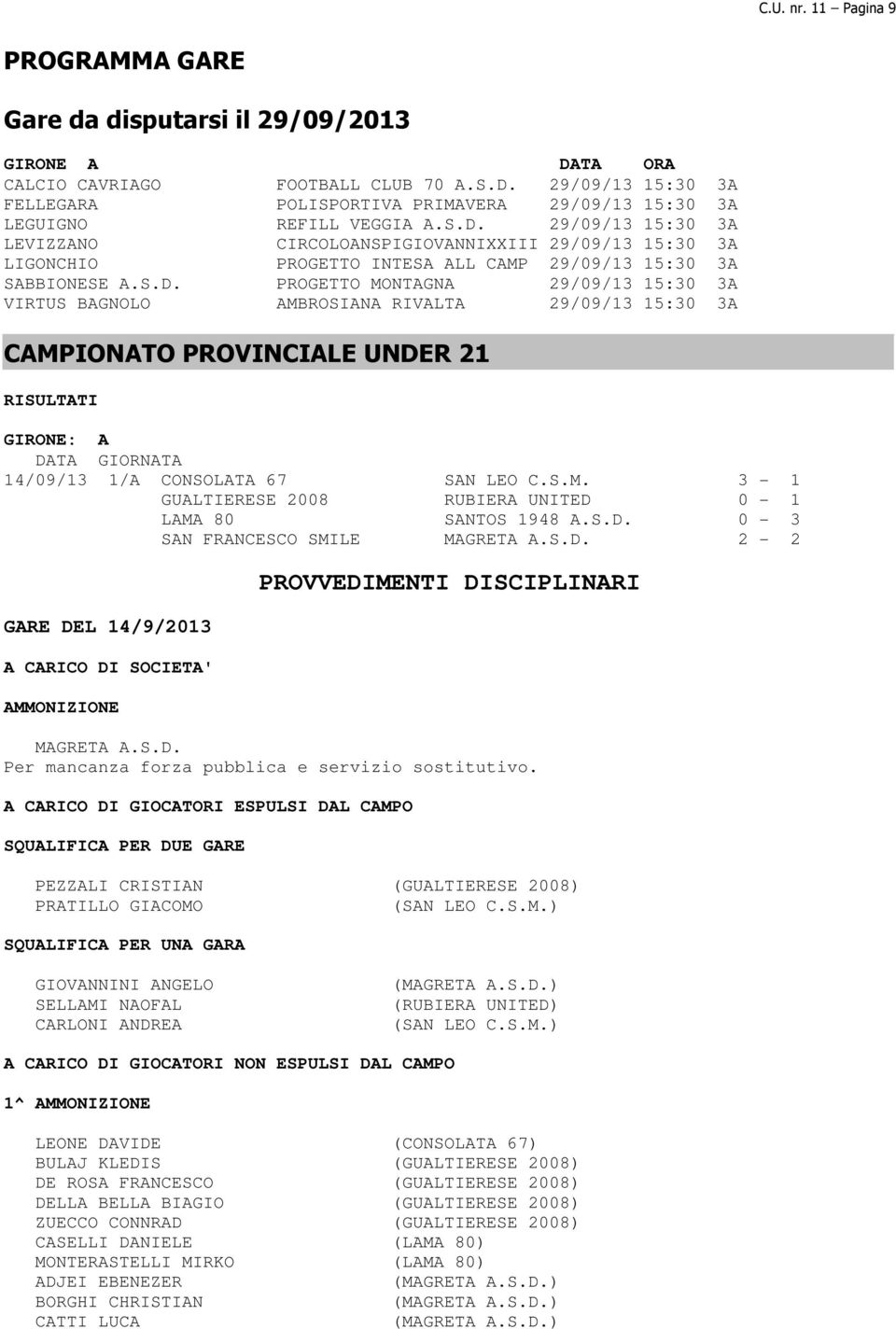 S.M. 3-1 GUALTIERESE 2008 RUBIERA UNITED 0-1 LAMA 80 SANTOS 1948 A.S.D. 0-3 SAN FRANCESCO SMILE MAGRETA A.S.D. 2-2 GARE DEL 14/9/2013 A CARICO DI SOCIETA' AMMONIZIONE PROVVEDIMENTI DISCIPLINARI MAGRETA A.