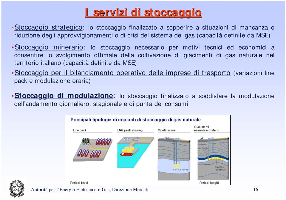 naturale nel territorio italiano (capacità definite da MSE) Stoccaggio per il bilanciamento operativo delle imprese di trasporto (variazioni line pack e modulazione oraria) Stoccaggio