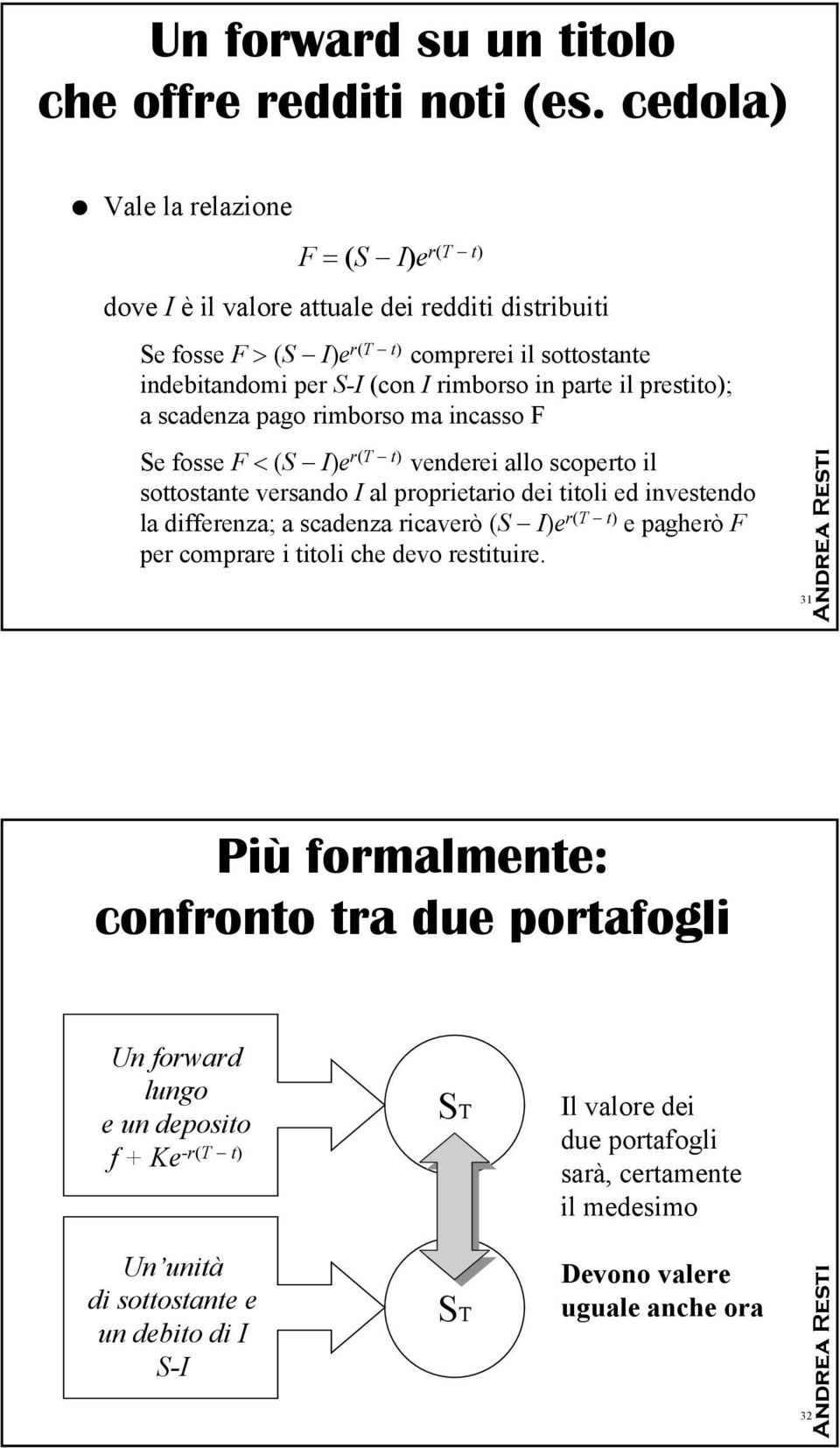 parte il prestito); a scadenza pago rimborso ma incasso F Se fosse F <(S I)e r(t t) venderei allo scoperto il sottostante versando I al proprietario dei titoli ed investendo la