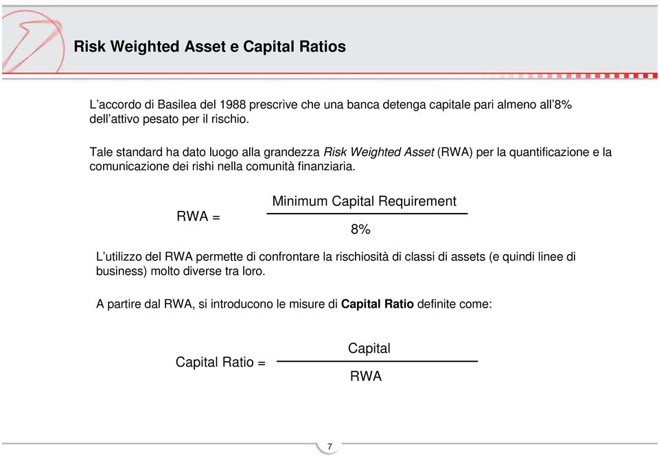 Tale standard ha dato luogo alla grandezza Risk Weighted Asset (RWA) per la quantificazione e la comunicazione dei rishi nella comunità