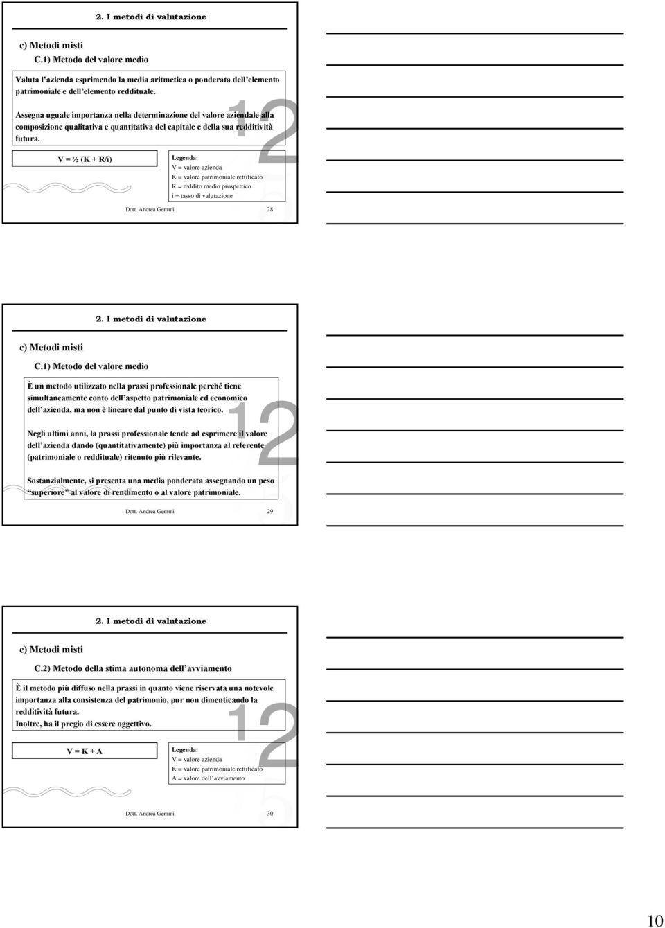 V = ½ (K + R/i) Legenda: V = valore azienda K = valore patrimoniale rettificato R = reddito medio prospettico i = tasso di valutazione Dott. Andrea Gemmi 28 c) Metodi misti 00 000 00 0 000 000 0 C.