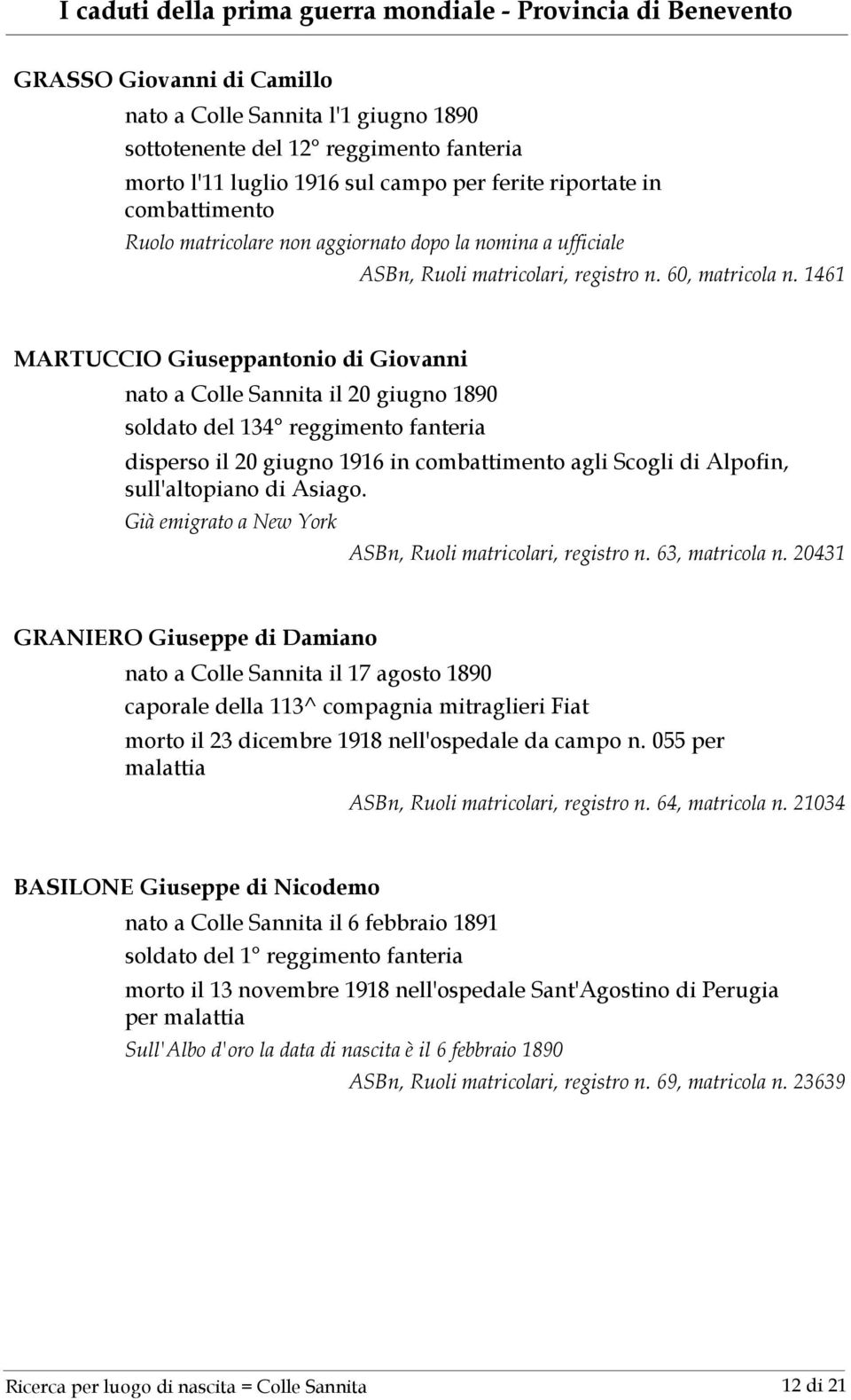 1461 MARTUCCIO Giuseppantonio di Giovanni nato a Colle Sannita il 20 giugno 1890 soldato del 134 reggimento fanteria disperso il 20 giugno 1916 in agli Scogli di Alpofin, sull'altopiano di Asiago.