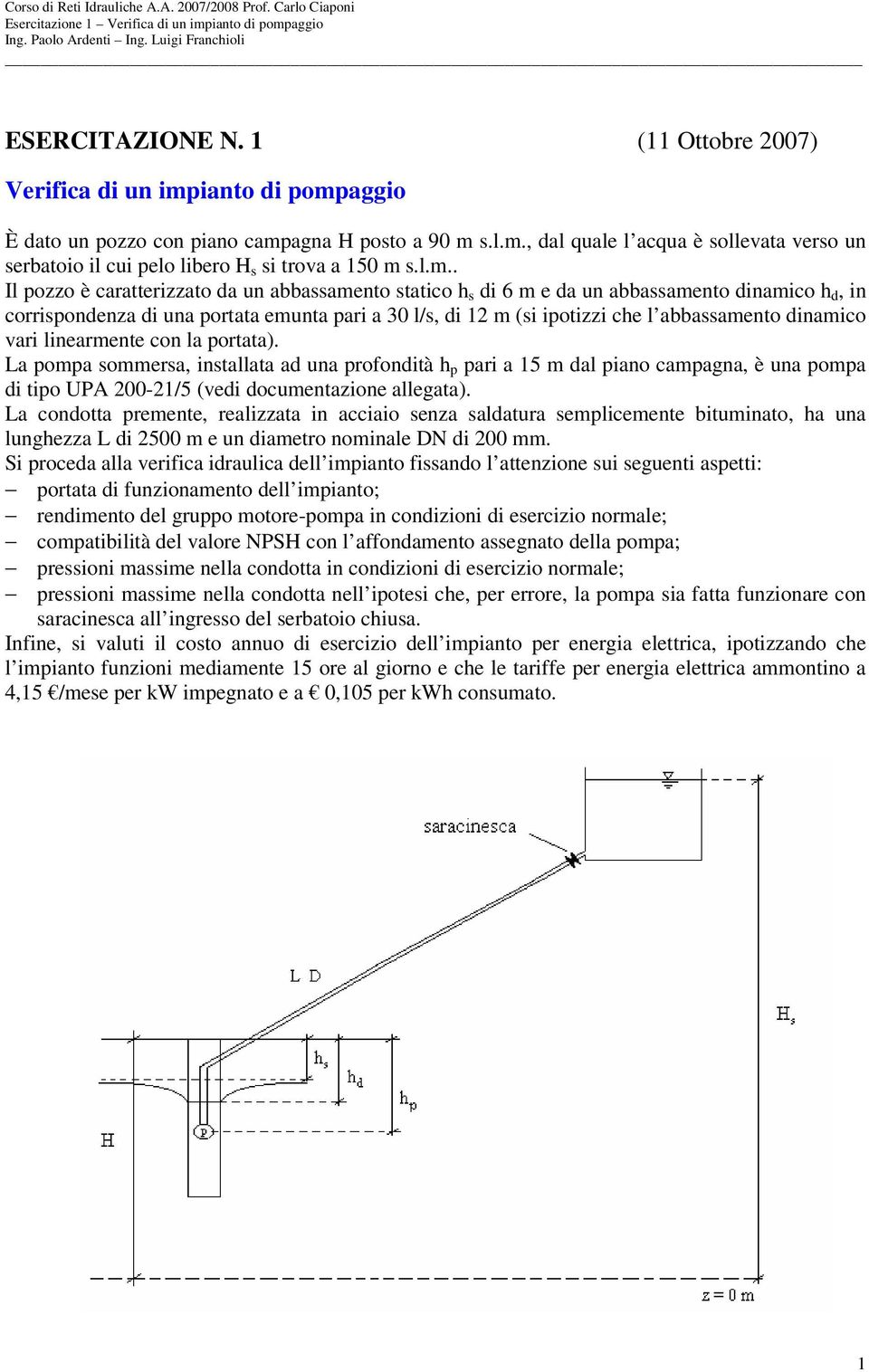 dinamico vari linearmente con la portata). La pompa sommersa, installata ad una profondità h p pari a 15 m dal piano campagna, è una pompa di tipo UPA 200-21/5 (vedi documentazione allegata).