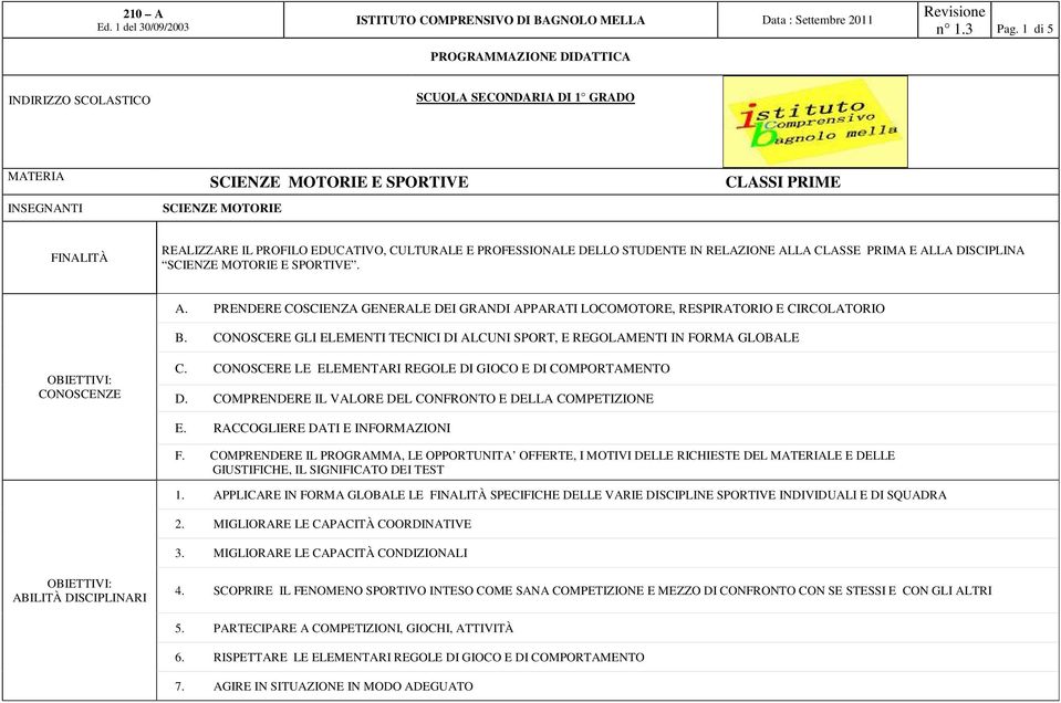 ALLA DISCIPLINA SCIENZE MOTORIE E SPORTIVE. A. PRENDERE COSCIENZA GENERALE DEI GRANDI APPARATI LOCOMOT, RESPIRATORIO E CIRCOLATORIO B.