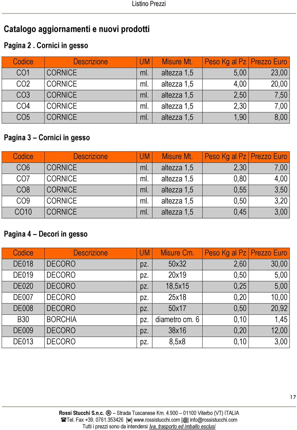 Peso Kg al Pz Prezzo Euro CO6 CORNICE ml. altezza 1,5 2,30 7,00 CO7 CORNICE ml. altezza 1,5 0,80 4,00 CO8 CORNICE ml. altezza 1,5 0,55 3,50 CO9 CORNICE ml. altezza 1,5 0,50 3,20 CO10 CORNICE ml.