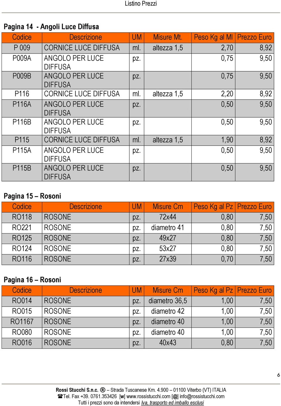 0,50 9,50 DIFFUSA P115 CORNICE LUCE DIFFUSA ml. altezza 1,5 1,90 8,92 P115A ANGOLO PER LUCE pz. 0,50 9,50 DIFFUSA P115B ANGOLO PER LUCE DIFFUSA pz. 0,50 9,50 Pagina 15 Rosoni RO118 ROSONE pz.