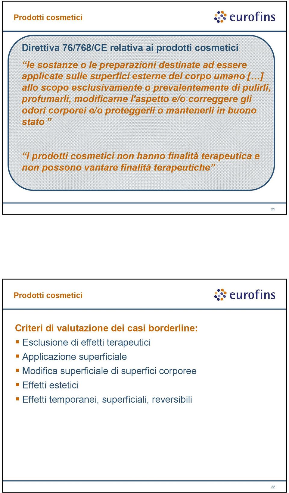 buono stato I prodotti cosmetici non hanno finalità terapeutica e non possono vantare finalità terapeutiche 21 Prodotti cosmetici Criteri di valutazione dei casi