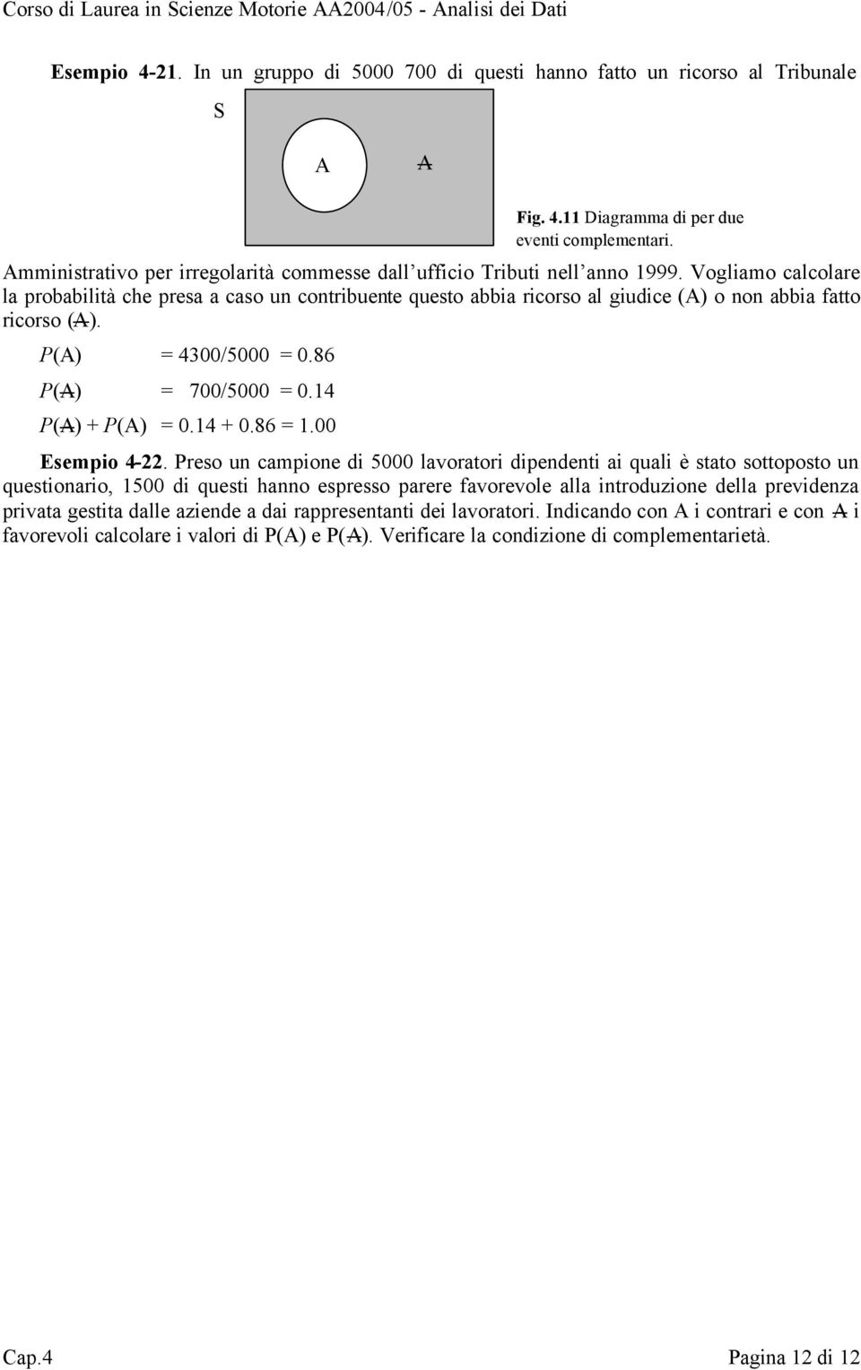 14 + 0.86 = 1.00 Fig. 4.11 Diagramma di per due eventi complementari. Esempio 4-22.