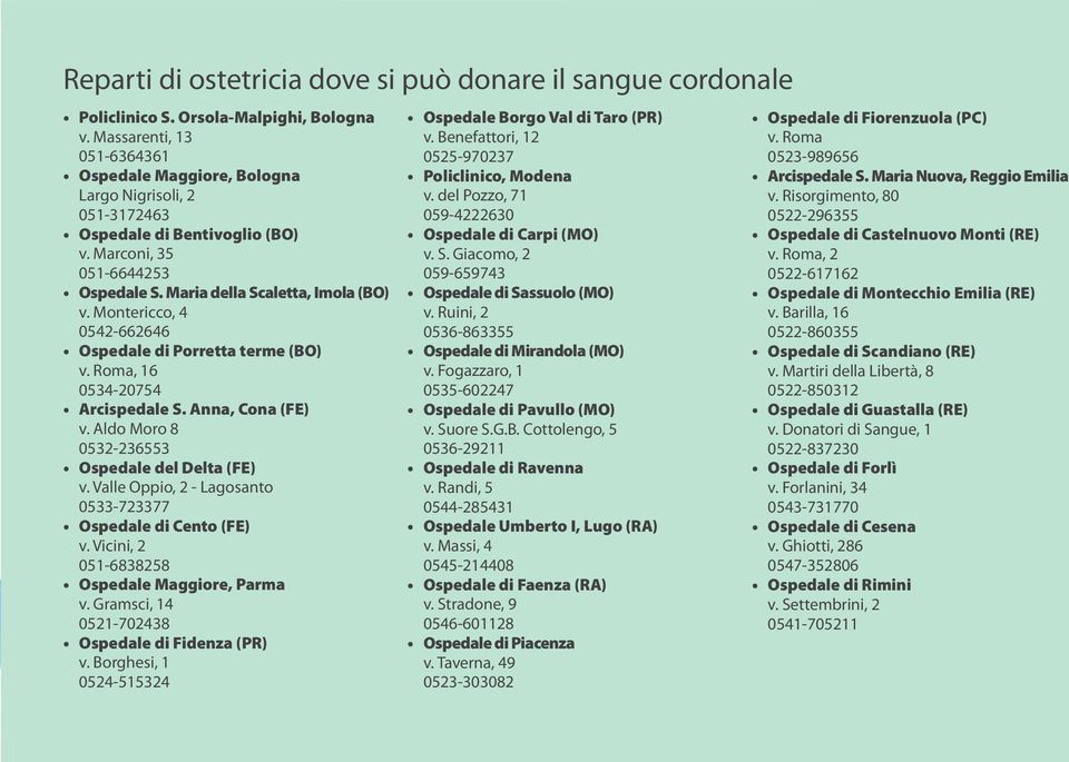 Montericco, 4 0542-662646 Ospedale di Porretta terme (BO) v. Roma, 16 0534-20754 Arcispedale S. Anna, Cona (FE) v. Aldo Moro 8 0532-236553 Ospedale del Delta (FE) v.