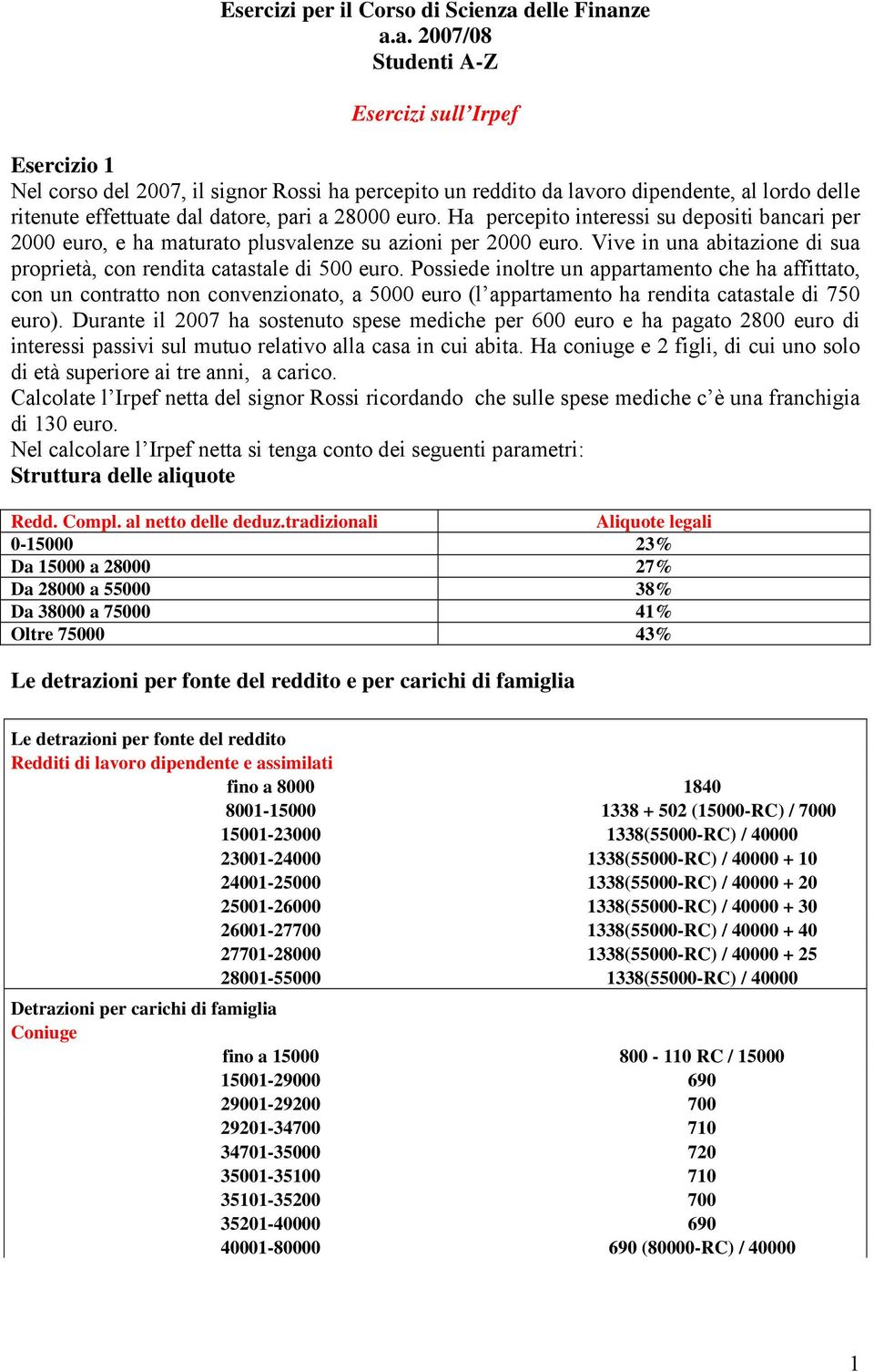 ze a.a. 2007/08 Studenti A-Z Esercizi sull Irpef Esercizio 1 Nel corso del 2007, il signor Rossi ha percepito un reddito da lavoro dipendente, al lordo delle ritenute effettuate dal datore, pari a