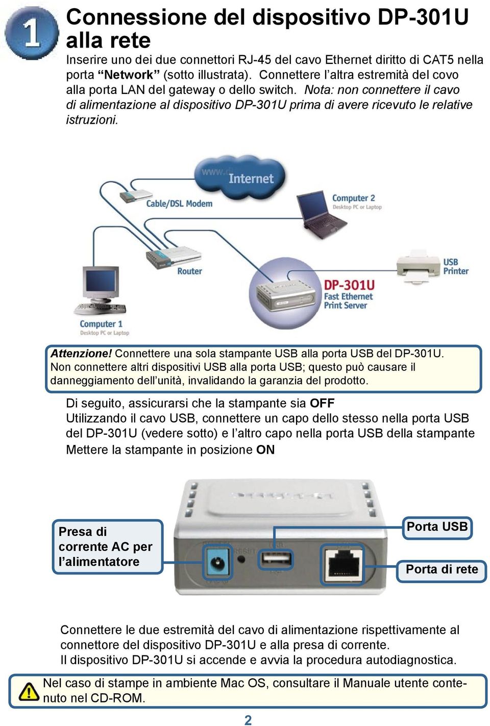 Attenzione! Connettere una sola stampante USB alla porta USB del DP-301U.