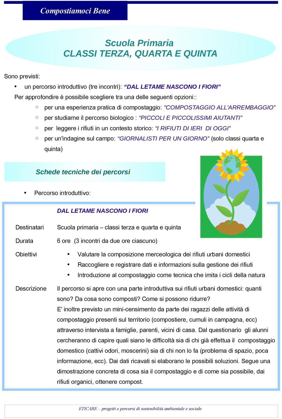 I RIFIUTI DI IERI DI OGGI per un'indagine sul campo: GIORNALISTI PER UN GIORNO (solo classi quarta e quinta) Schede tecniche dei percorsi Percorso introduttivo: DAL LETAME NASCONO I FIORI Scuola